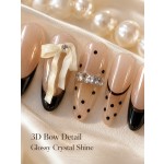 Black French Bow Press‑On Nails, Nude Polka‑Dot Elegant Almond False Nails with 3D Bow & Rhinestones